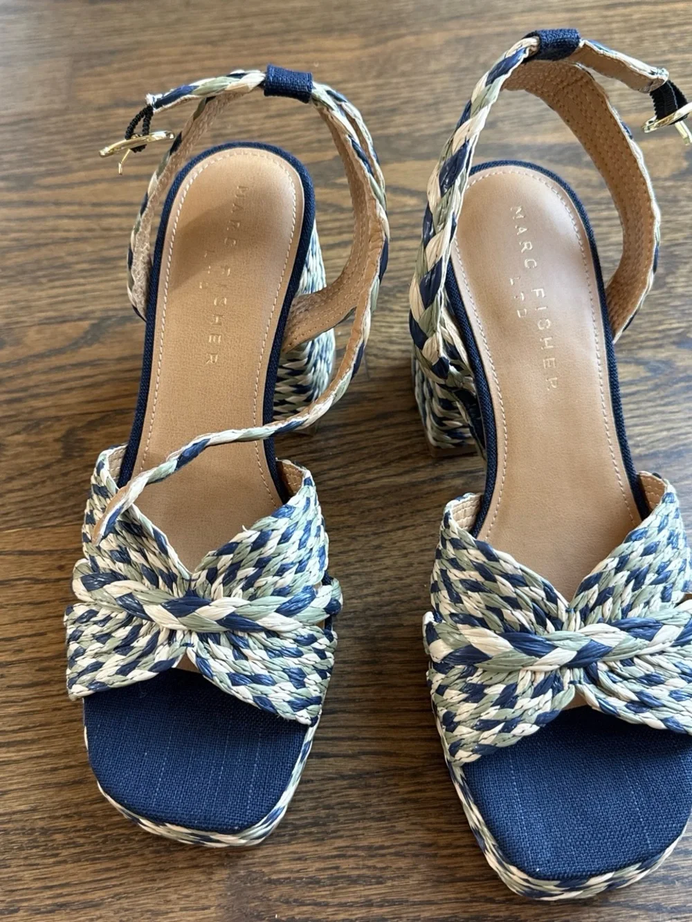 Marc Fisher. Braided Navy and Natural Block Heel Sandals - Women. NWT
